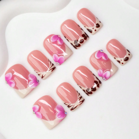 Nailuvia 10pcs Pink Press On Nails | 3D Floral & Leopard Print Reusable Acrylic Nails