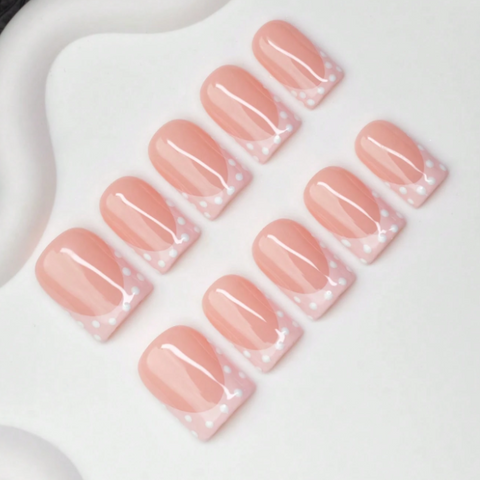 Nailuvia 10pcs Blush Pink French Press On Nails | White Polka Dot Reusable Acrylic Nails