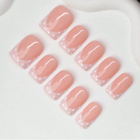 Nailuvia 10pcs Blush Pink French Press On Nails | White Polka Dot Reusable Acrylic Nails