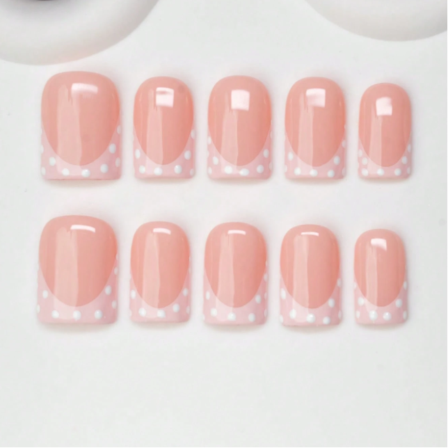 Nailuvia 10pcs Blush Pink French Press On Nails | White Polka Dot Reusable Acrylic Nails