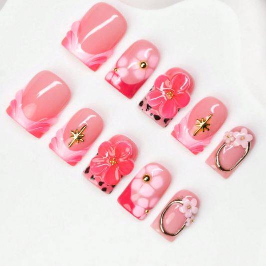 Nailuvia 10pcs Pink Floral Press On Nails | 3D Flower Gold Accent & Marble Reusable Acrylic Nails