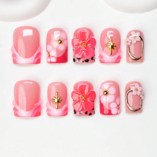 Nailuvia 10pcs Pink Floral Press On Nails | 3D Flower Gold Accent & Marble Reusable Acrylic Nails