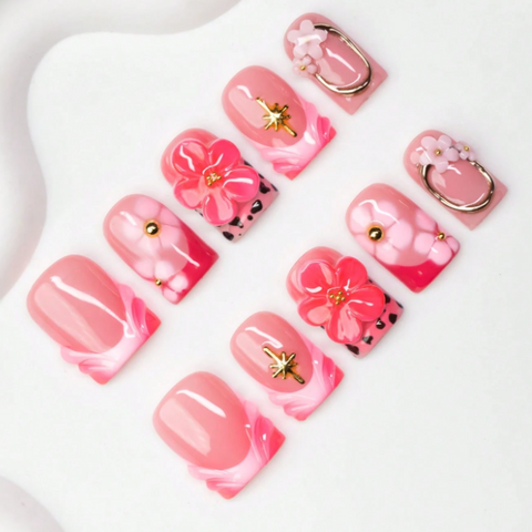 Nailuvia 10pcs Pink Floral Press On Nails | 3D Flower Gold Accent & Marble Reusable Acrylic Nails