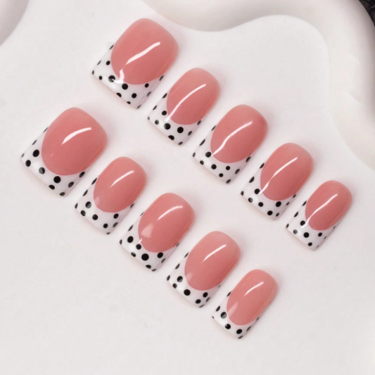Nailuvia 10pcs Blush Pink French Press On Nails | Black Polka Dot Reusable Acrylic Nails