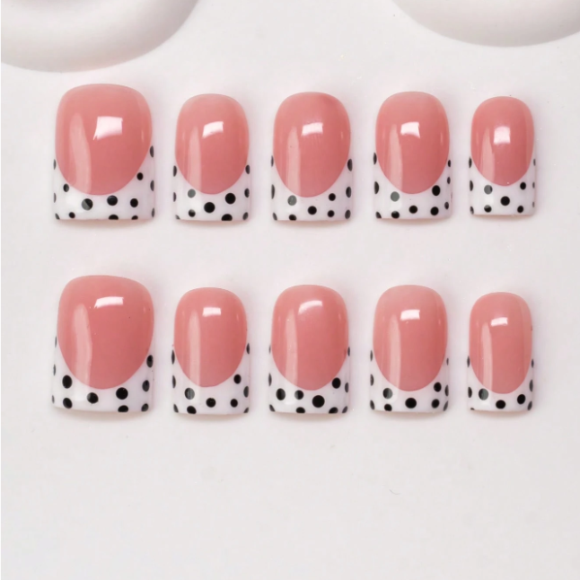 Nailuvia 10pcs Blush Pink French Press On Nails | Black Polka Dot Reusable Acrylic Nails