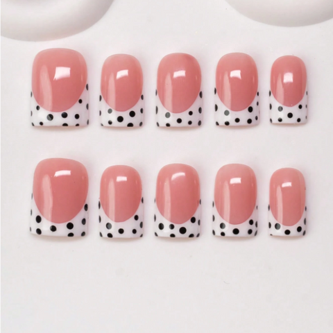Nailuvia 10pcs Blush Pink French Press On Nails | Black Polka Dot Reusable Acrylic Nails