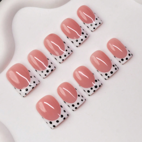 Nailuvia 10pcs Blush Pink French Press On Nails | Black Polka Dot Reusable Acrylic Nails