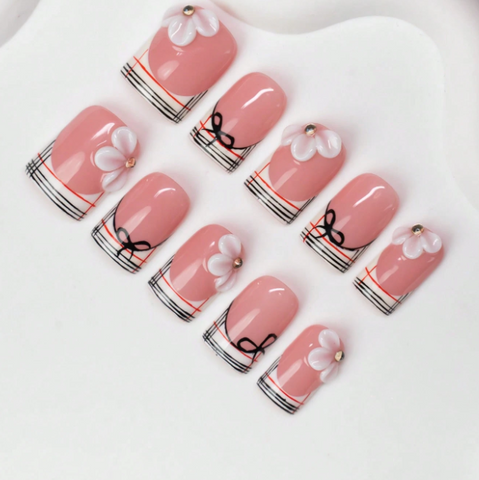 Nailuvia 10pcs Blush Pink Press On Nails | 3D Flower Bow & Stripe Pattern Reusable Acrylic Nails