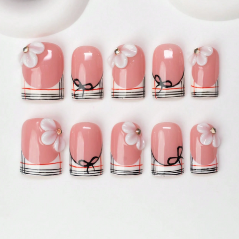 Nailuvia 10pcs Blush Pink Press On Nails | 3D Flower Bow & Stripe Pattern Reusable Acrylic Nails