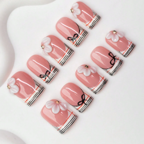 Nailuvia 10pcs Blush Pink Press On Nails | 3D Flower Bow & Stripe Pattern Reusable Acrylic Nails