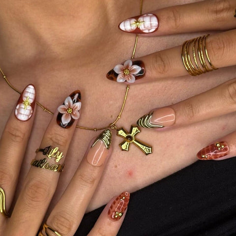 Nailuvia-AL014 Almond "Tortoiseshell Blossom" Press-On Nails