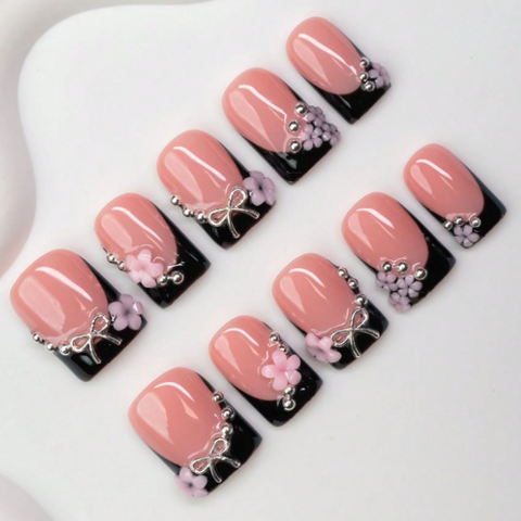 Nailuvia 10pcs Pink Black French Press On Nails | 3D Floral Bow & Pearl Embellished Reusable Acrylic Nails