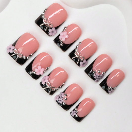 Nailuvia 10pcs Pink Black French Press On Nails | 3D Floral Bow & Pearl Embellished Reusable Acrylic Nails