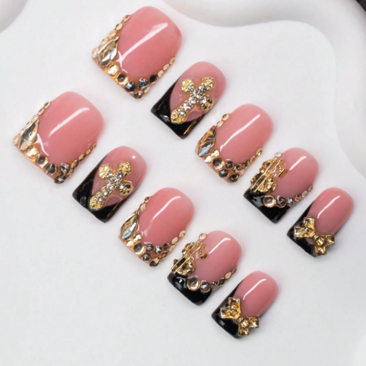 Nailuvia 10pcs Pink Black French Press On Nails | Gold Cross Rhinestone Embellished Reusable Acrylic Nails