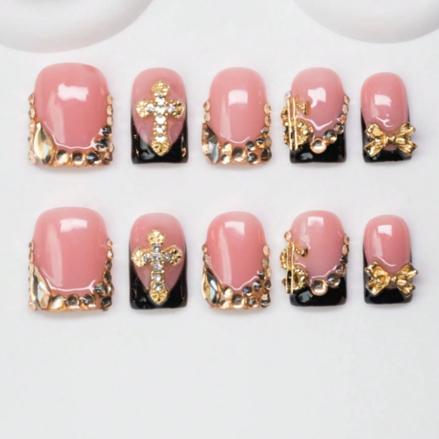 Nailuvia 10pcs Pink Black French Press On Nails | Gold Cross Rhinestone Embellished Reusable Acrylic Nails