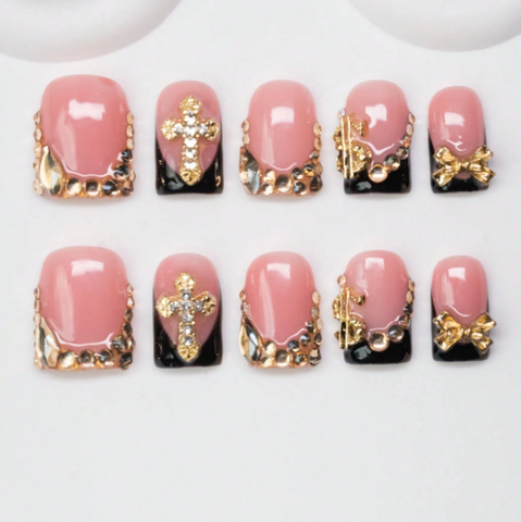 Nailuvia 10pcs Pink Black French Press On Nails | Gold Cross Rhinestone Embellished Reusable Acrylic Nails