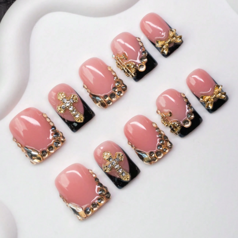 Nailuvia 10pcs Pink Black French Press On Nails | Gold Cross Rhinestone Embellished Reusable Acrylic Nails