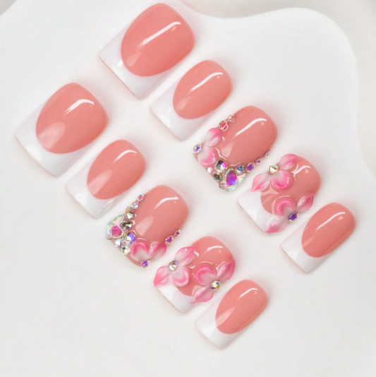 Nailuvia 10pcs Blush Pink French Press On Nails | 3D Floral & Iridescent Rhinestone Embellished Reusable Acrylic Nails