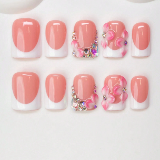 Nailuvia 10pcs Blush Pink French Press On Nails | 3D Floral & Iridescent Rhinestone Embellished Reusable Acrylic Nails