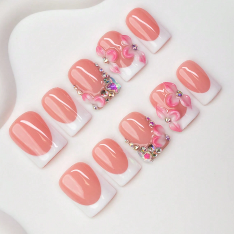 Nailuvia 10pcs Blush Pink French Press On Nails | 3D Floral & Iridescent Rhinestone Embellished Reusable Acrylic Nails