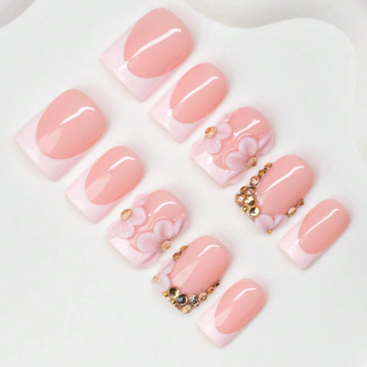 Nailuvia 10pcs Blush Pink French Press On Nails | 3D Floral & Gold Rhinestone Embellished Reusable Acrylic Nails