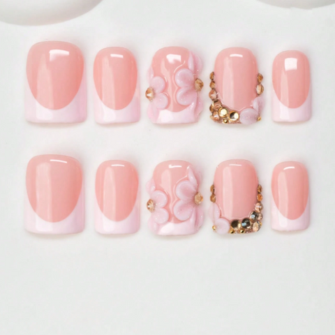 Nailuvia 10pcs Blush Pink French Press On Nails | 3D Floral & Gold Rhinestone Embellished Reusable Acrylic Nails