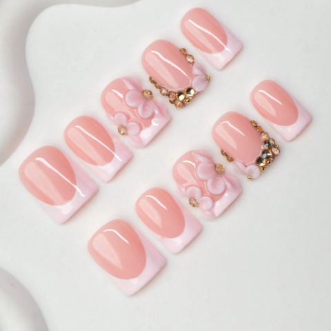 Nailuvia 10pcs Blush Pink French Press On Nails | 3D Floral & Gold Rhinestone Embellished Reusable Acrylic Nails