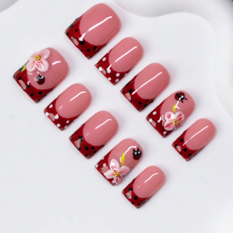 Nailuvia 10pcs Blush Pink Press On Nails | Burgundy Polka Dot & 3D Floral Reusable Acrylic Nails