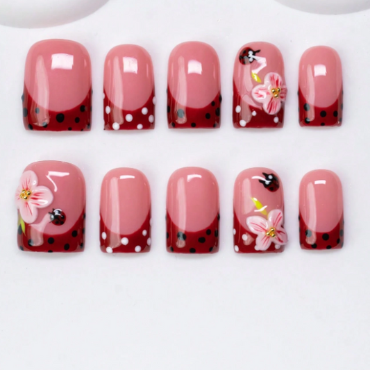 Nailuvia 10pcs Blush Pink Press On Nails | Burgundy Polka Dot & 3D Floral Reusable Acrylic Nails