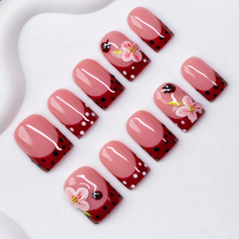 Nailuvia 10pcs Blush Pink Press On Nails | Burgundy Polka Dot & 3D Floral Reusable Acrylic Nails