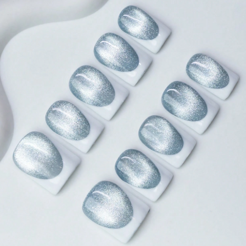 Nailuvia 10pcs Blue Gray Cat Eye Press On Nails | Reusable Acrylic False Nails with Glitter Finish