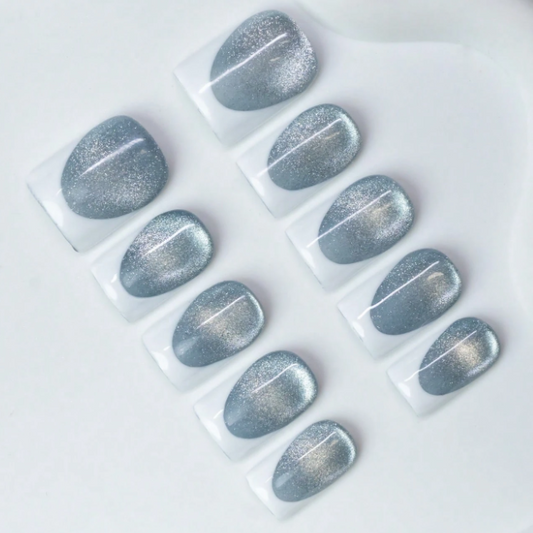 Nailuvia 10pcs Blue Gray Cat Eye Press On Nails | Reusable Acrylic False Nails with Glitter Finish