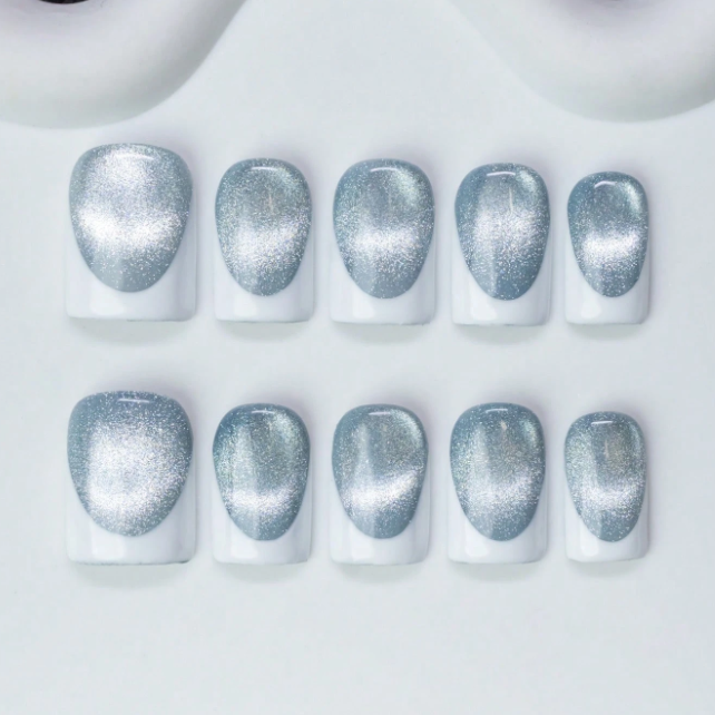 Nailuvia 10pcs Blue Gray Cat Eye Press On Nails | Reusable Acrylic False Nails with Glitter Finish