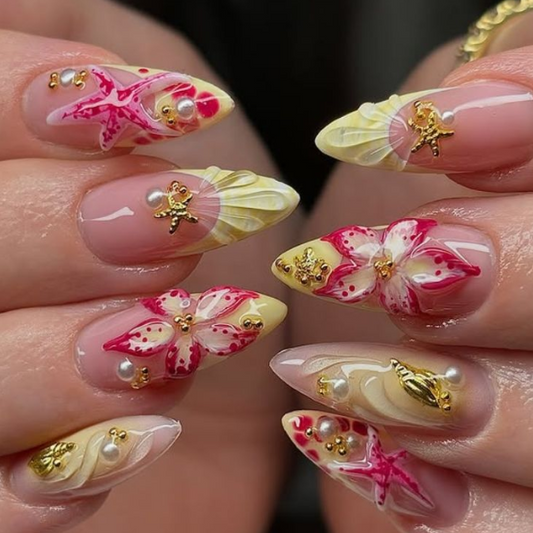 Nailuvia 10pcs Stiletto Press On Nails | Tropical Pink Floral Starfish Shell & Gold Pearl Reusable Acrylic Nails