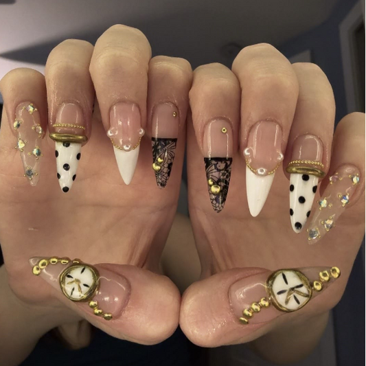 Nailuvia 10pcs Stiletto Press On Nails | Clock & Polka Dot Gothic Lace Reusable Acrylic Nails