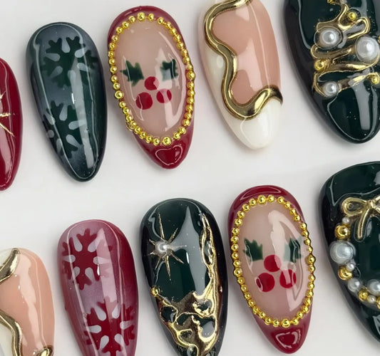 Nailuvia-AL017 Almond "Festive Enchantment" Press-On Nails