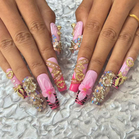 Glamorous Handmade Pink Nail Art with Zebra Print, Gemstone & Gold Embellishments D052