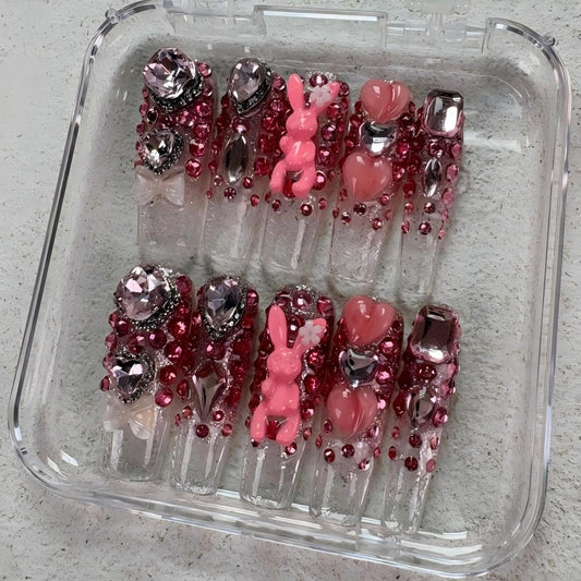 Nailuvia-DX136 Midium-Square "Bling Bunny" Press-On Nails