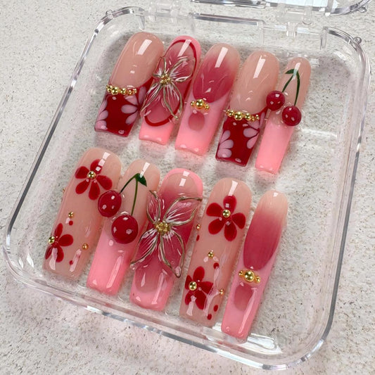 Nailuvia-DX137  Midium-Square "Cherry Blossom Delight" Press-On Nails