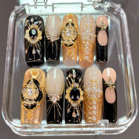 Nailuvia-D121 | 10pcs Y2K Luxury Handmade Acrylic Press On Nails 1.3 Inch Medium Square, Black Gold Baroque Pearl Rhinestone Decor, Reusable False Nails Quick Wear Easy Apply