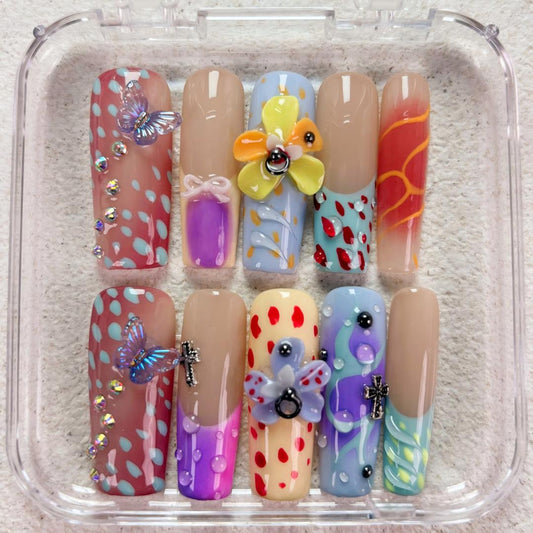 Nailuvia-D126 Midium-Square "Whimsical Garden" Press-On Nails