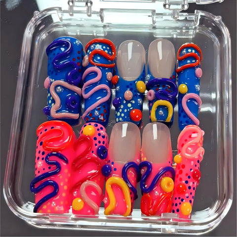 Nailuvia-D120 |10pcs Y2K Funky Handmade Acrylic Press On Nails 1.3 Inch Medium Square, Neon Pink Blue 3D Squiggle Dots Decor, Reusable False Nails Quick Wear Easy Apply