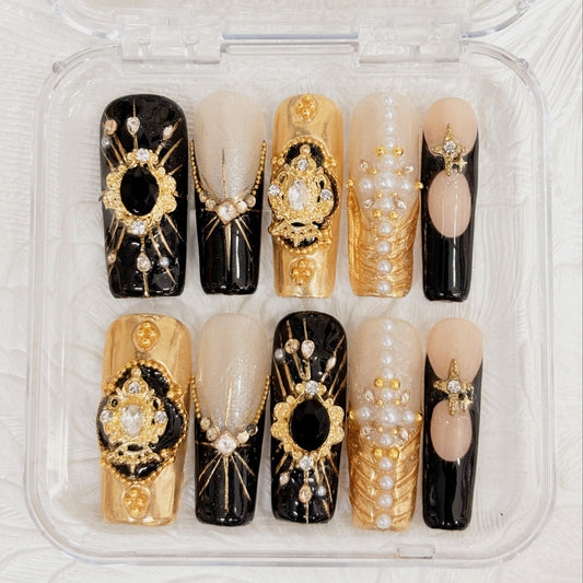 Nailuvia-D121 | 10pcs Y2K Luxury Handmade Acrylic Press On Nails 1.3 Inch Medium Square, Black Gold Baroque Pearl Rhinestone Decor, Reusable False Nails Quick Wear Easy Apply