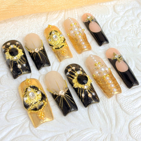 Nailuvia-D121 | 10pcs Y2K Luxury Handmade Acrylic Press On Nails 1.3 Inch Medium Square, Black Gold Baroque Pearl Rhinestone Decor, Reusable False Nails Quick Wear Easy Apply