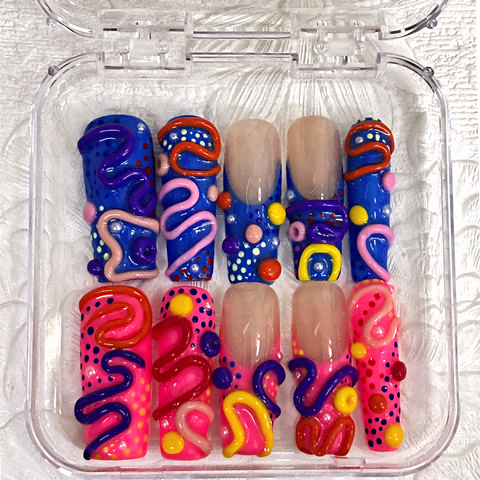 Nailuvia-D120 |10pcs Y2K Funky Handmade Acrylic Press On Nails 1.3 Inch Medium Square, Neon Pink Blue 3D Squiggle Dots Decor, Reusable False Nails Quick Wear Easy Apply