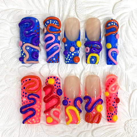 Nailuvia-D120 |10pcs Y2K Funky Handmade Acrylic Press On Nails 1.3 Inch Medium Square, Neon Pink Blue 3D Squiggle Dots Decor, Reusable False Nails Quick Wear Easy Apply