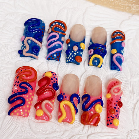Nailuvia-D120 |10pcs Y2K Funky Handmade Acrylic Press On Nails 1.3 Inch Medium Square, Neon Pink Blue 3D Squiggle Dots Decor, Reusable False Nails Quick Wear Easy Apply