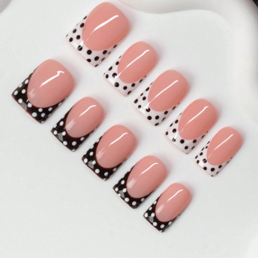 Nailuvia 10pcs Blush Pink French Press On Nails | Two-Tone Black White Polka Dot Reusable Acrylic Nails