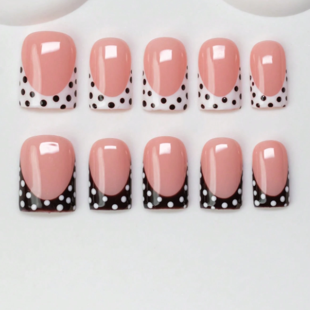 Nailuvia 10pcs Blush Pink French Press On Nails | Two-Tone Black White Polka Dot Reusable Acrylic Nails