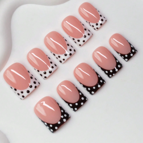 Nailuvia 10pcs Blush Pink French Press On Nails | Two-Tone Black White Polka Dot Reusable Acrylic Nails